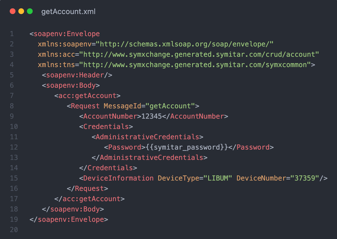 Sample XML code for a SymXchange getAccount payload