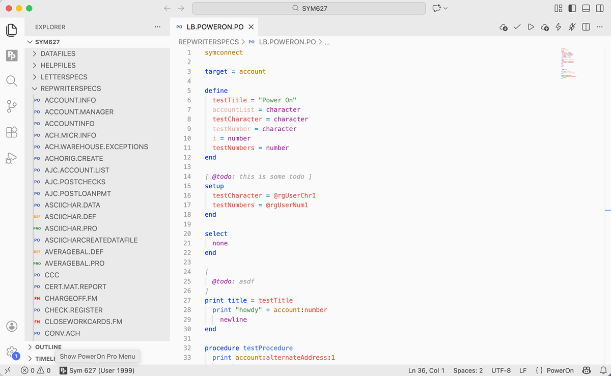 PowerOn Pro in Visual Studio Code with a PowerOn file open