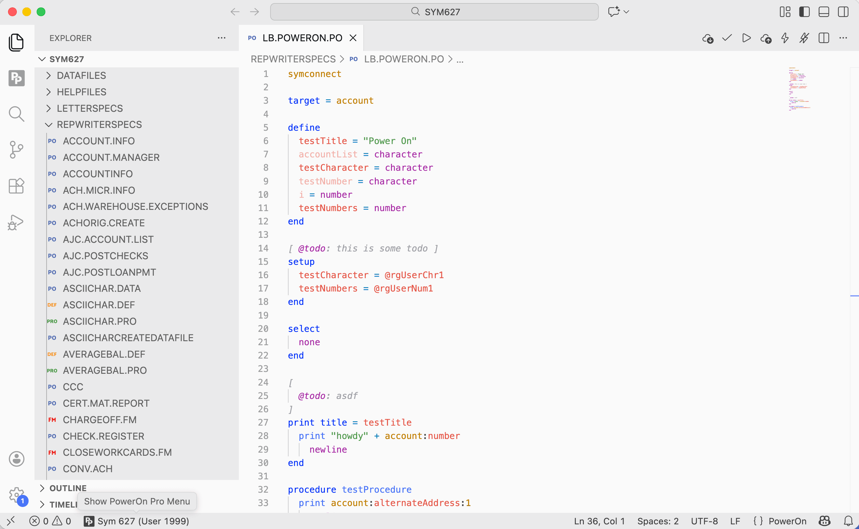 PowerOn Pro in Visual Studio Code with a PowerOn file open