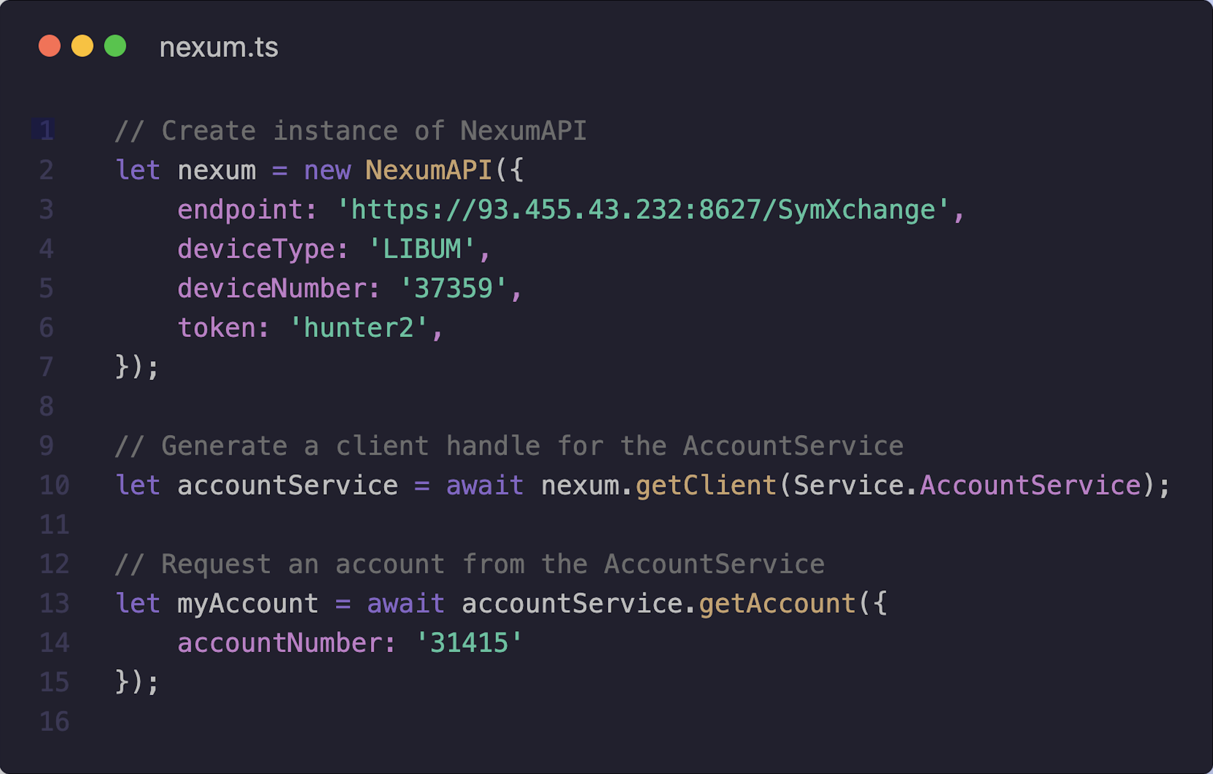 Screenshot of NexumAPI TypeScript bindings being used in Visual Studio code.